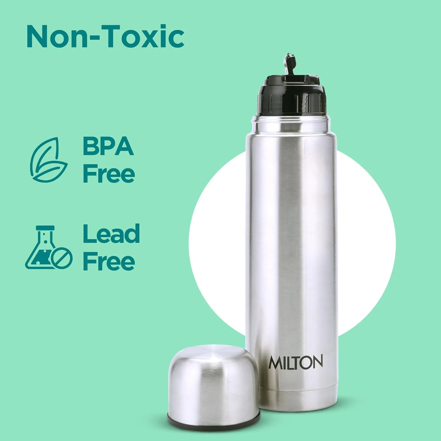 Milton Thermosteel Flip Lid 500, Double Walled Vacuum Insulated Thermos 500 ml | 16 oz | 24 Hours Hot and Cold Water Bottle with Cover, Stainless Steel, BPA Free, Leak Proof | Silver
