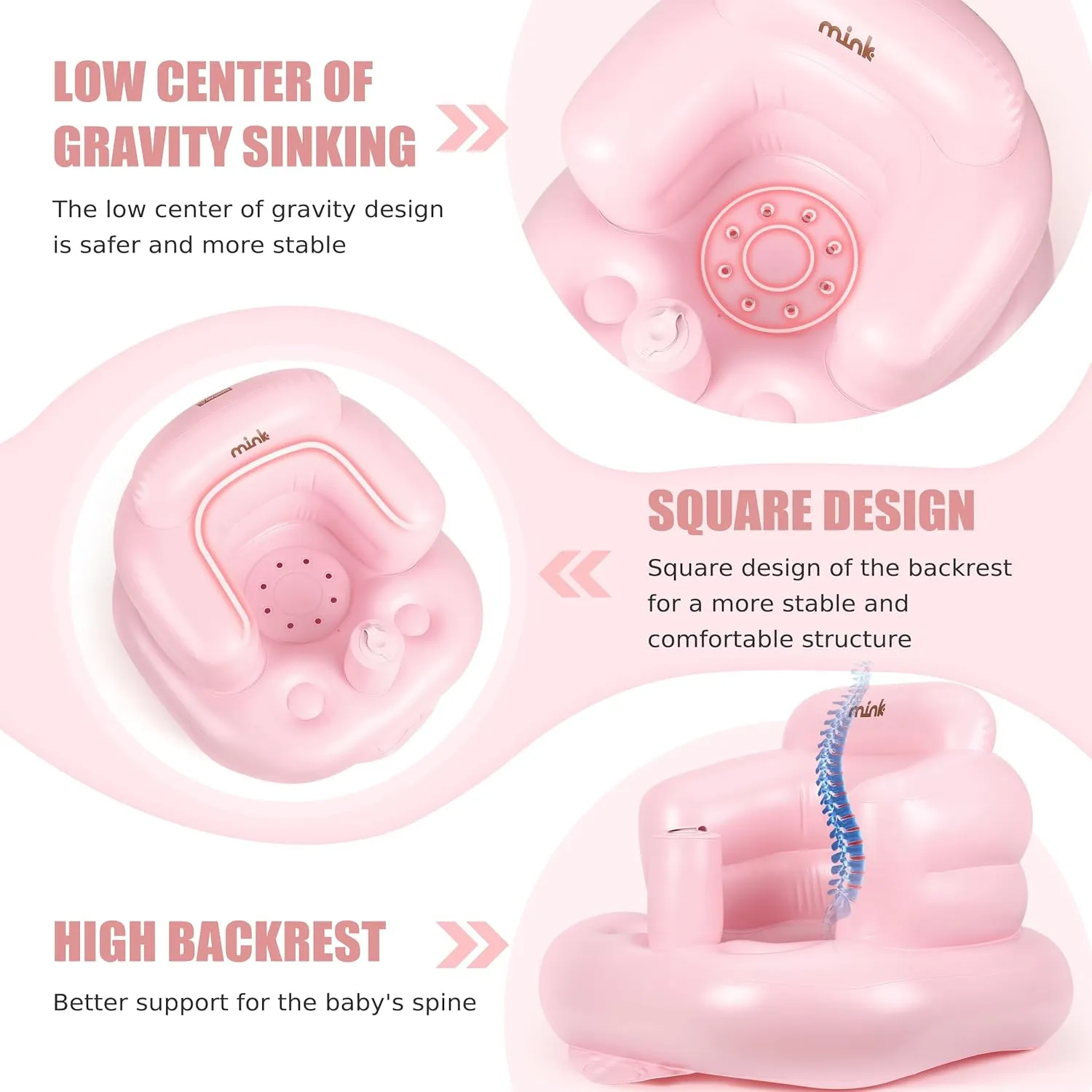 MINK Inflatable Baby Seat with Built-in Pump - Floor Seat, Portable Infant Safety Chair with Handle for Sit Up and Learn to Play, for Babies 6-24 Months (Pink)