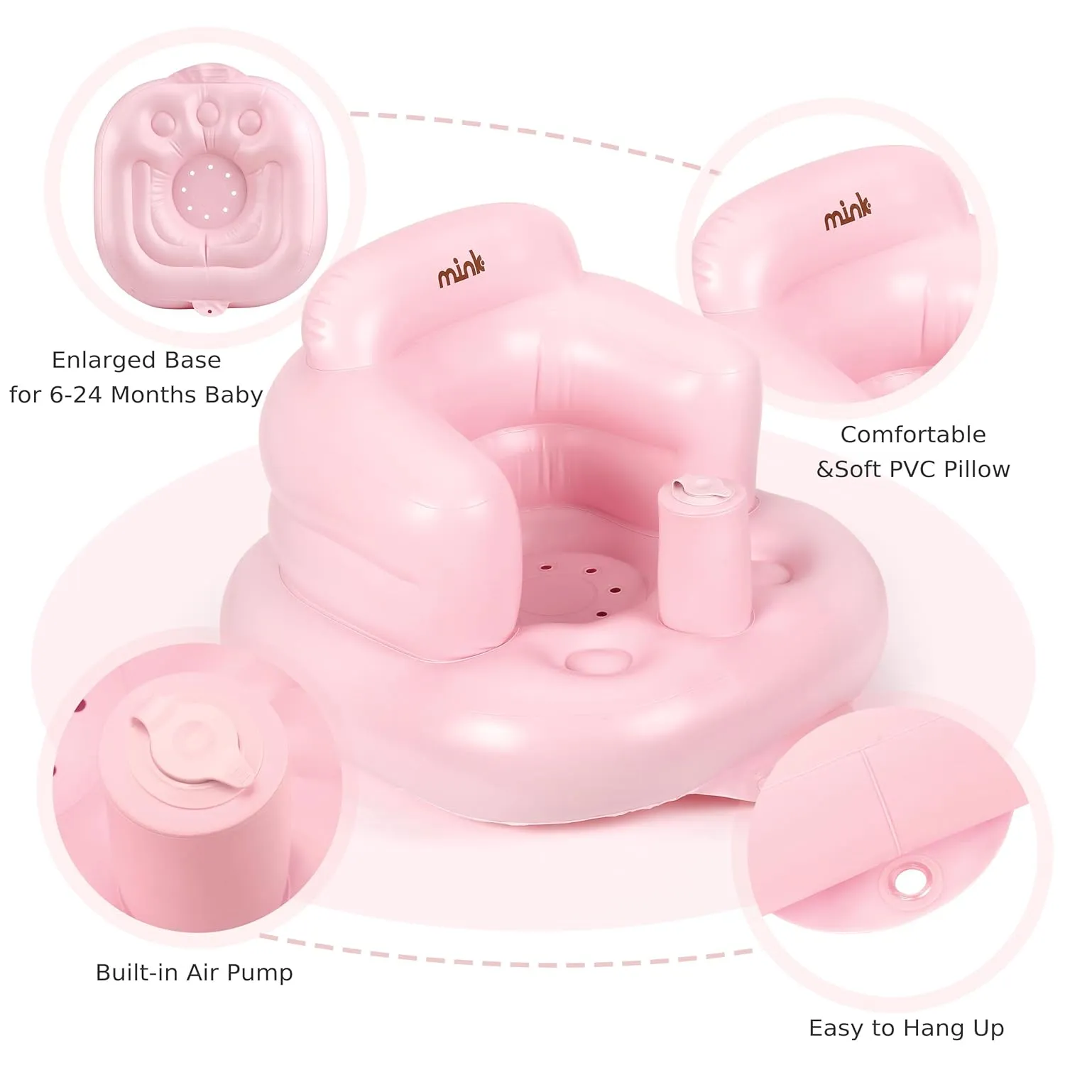 MINK Inflatable Baby Seat with Built-in Pump - Floor Seat, Portable Infant Safety Chair with Handle for Sit Up and Learn to Play, for Babies 6-24 Months (Pink)