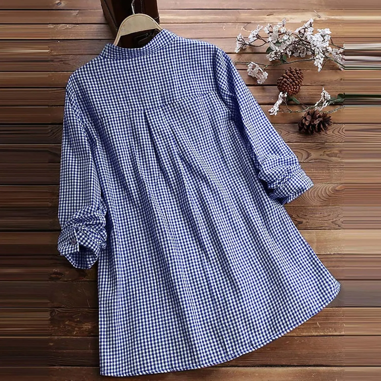 Miyaomn Womens Casual Plaid Henley Shirts Loose V Neck Button Up Hi-Low Pleated Tunic Tops Roll-Up Sleeve Flowy Spring Blouse