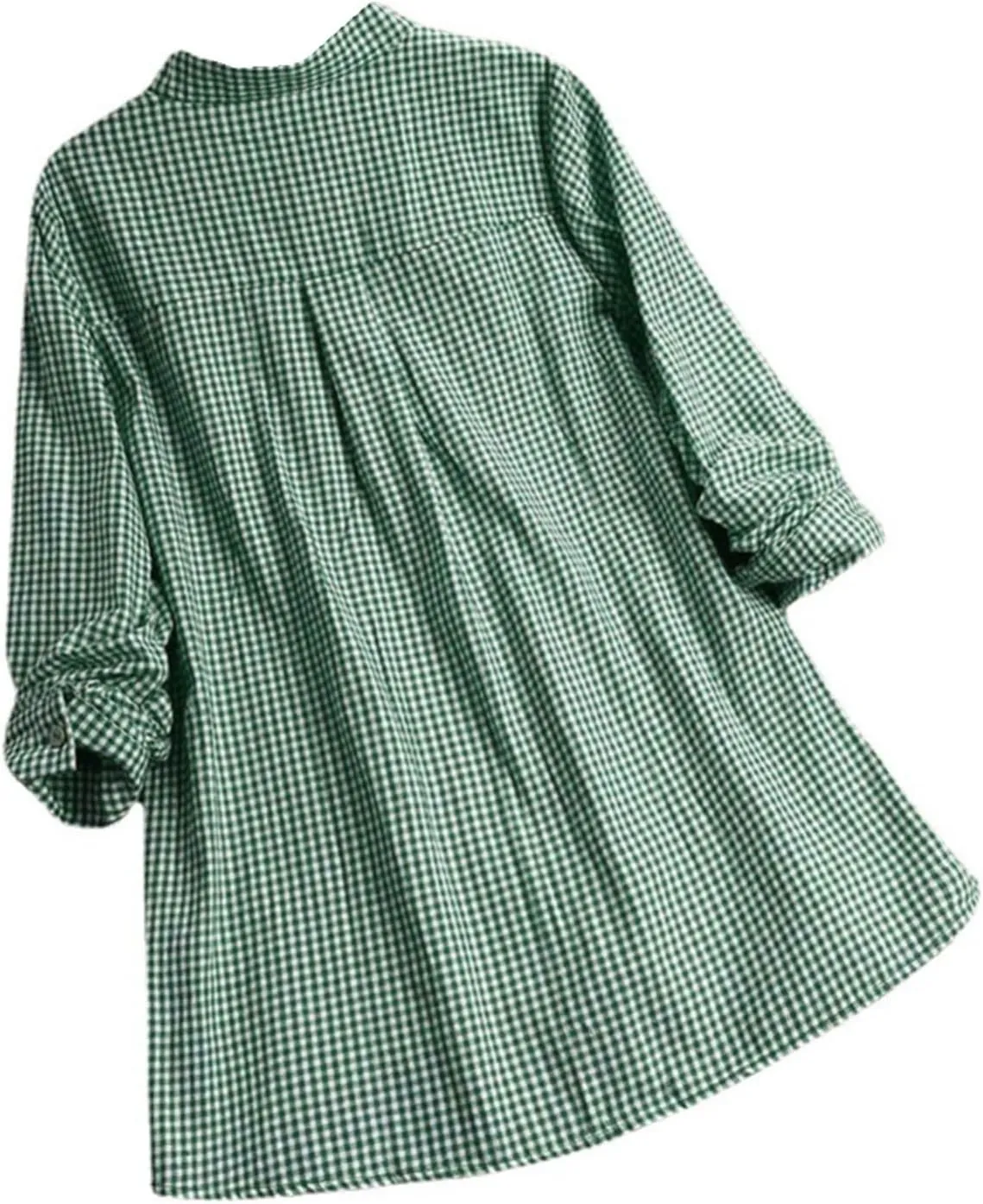 Miyaomn Womens Casual Plaid Henley Shirts Loose V Neck Button Up Hi-Low Pleated Tunic Tops Roll-Up Sleeve Flowy Spring Blouse