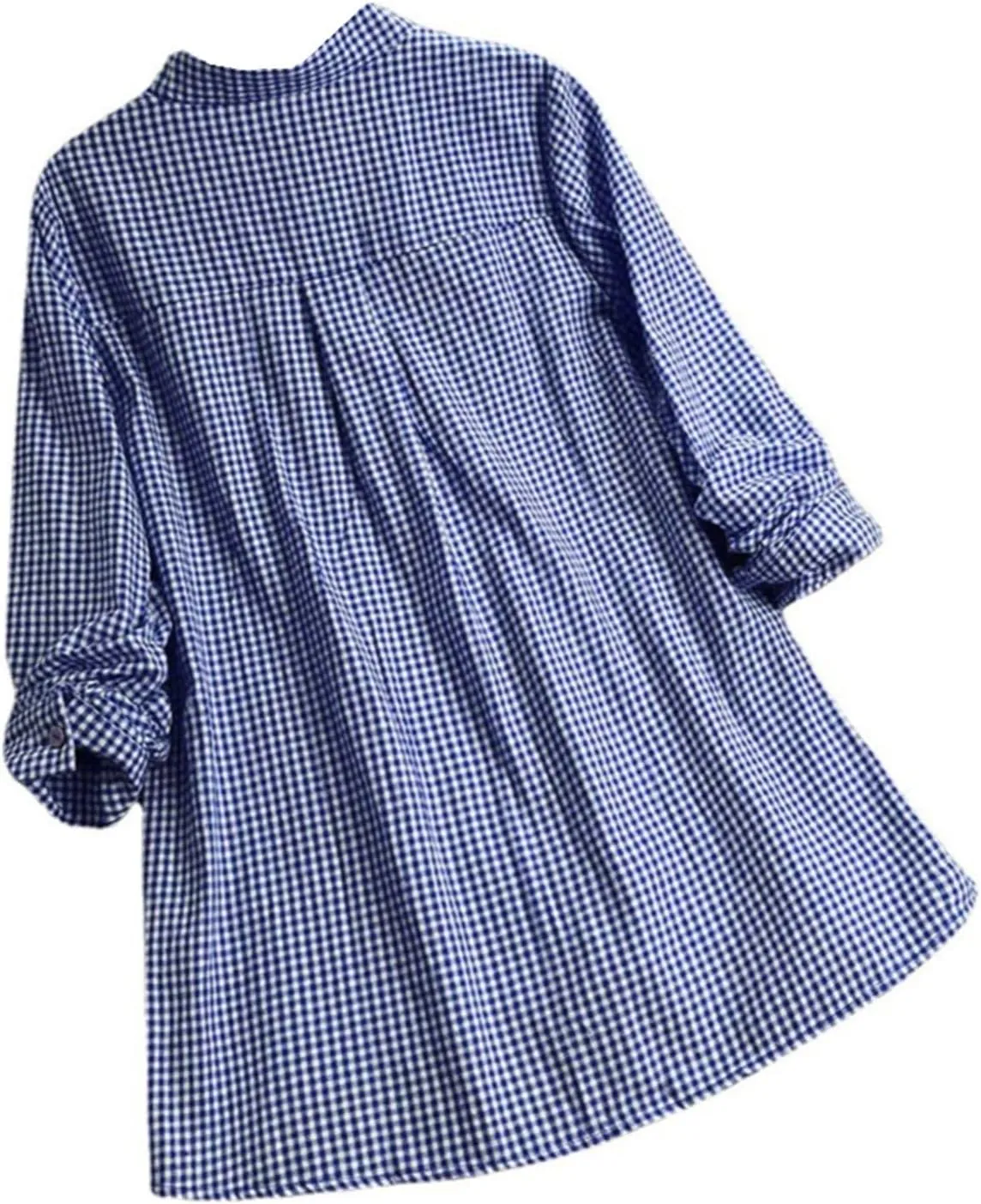 Miyaomn Womens Casual Plaid Henley Shirts Loose V Neck Button Up Hi-Low Pleated Tunic Tops Roll-Up Sleeve Flowy Spring Blouse