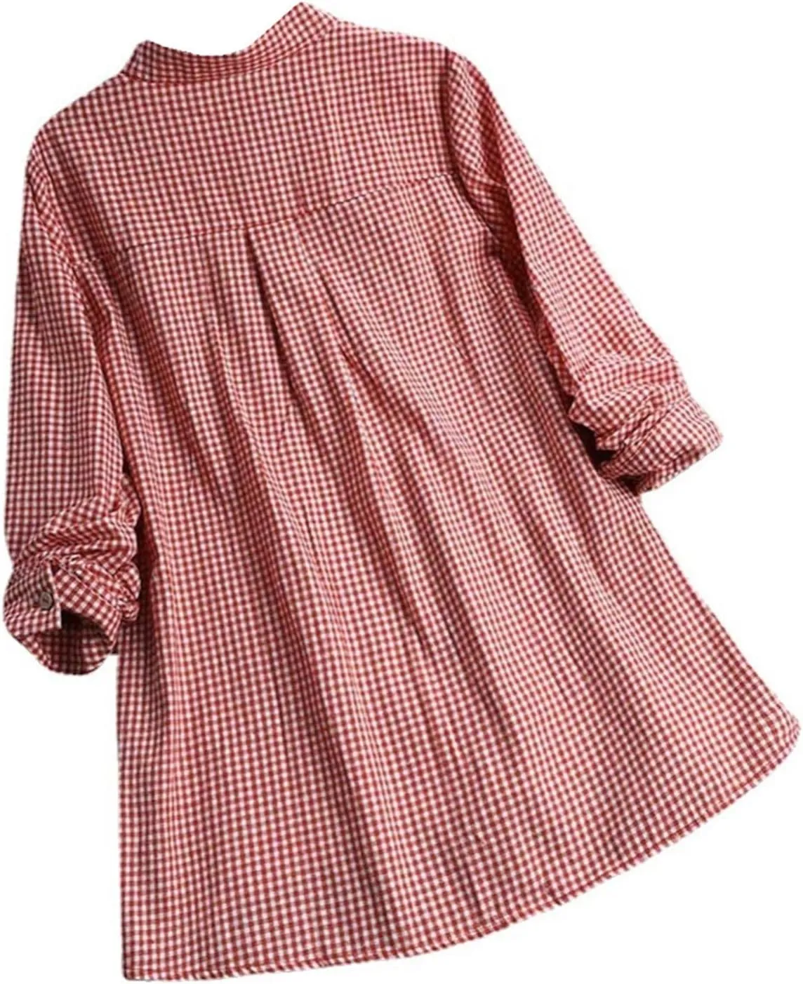 Miyaomn Womens Casual Plaid Henley Shirts Loose V Neck Button Up Hi-Low Pleated Tunic Tops Roll-Up Sleeve Flowy Spring Blouse