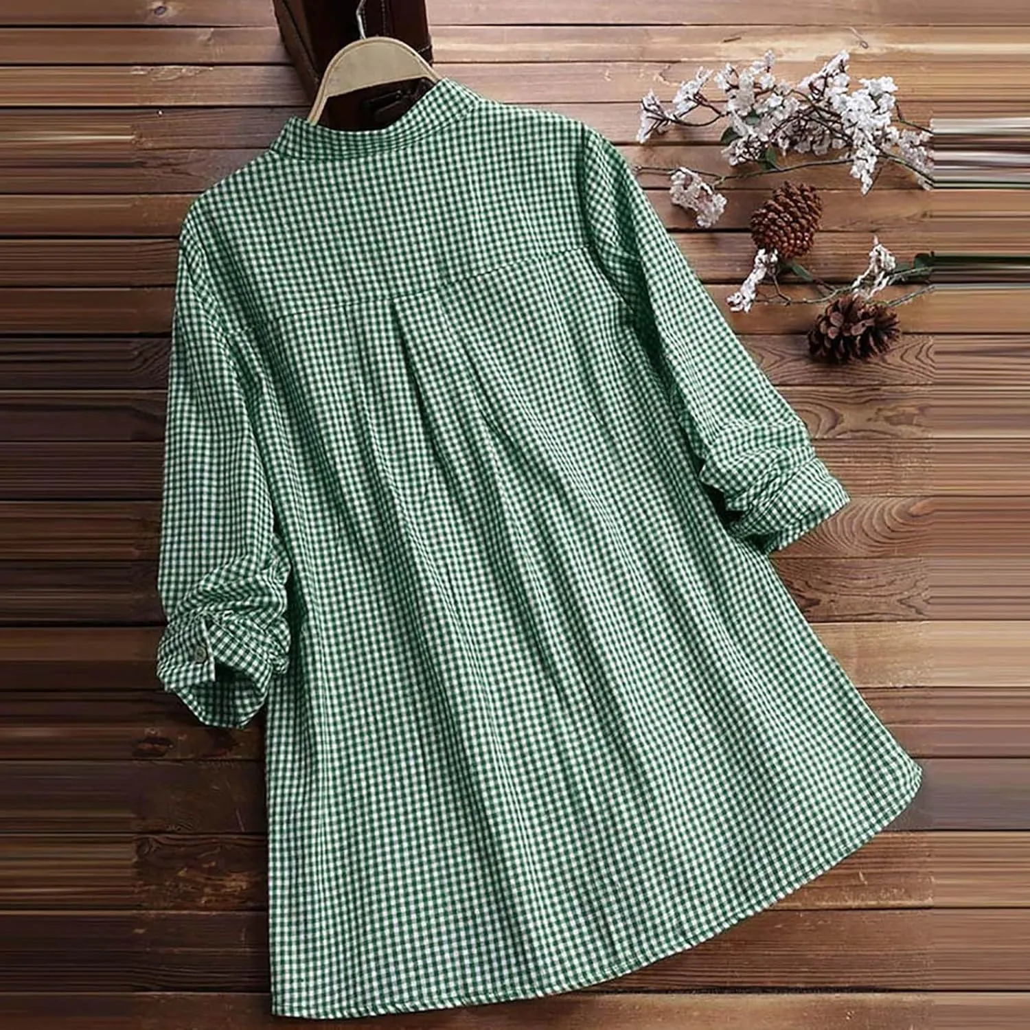 Miyaomn Womens Casual Plaid Henley Shirts Loose V Neck Button Up Hi-Low Pleated Tunic Tops Roll-Up Sleeve Flowy Spring Blouse