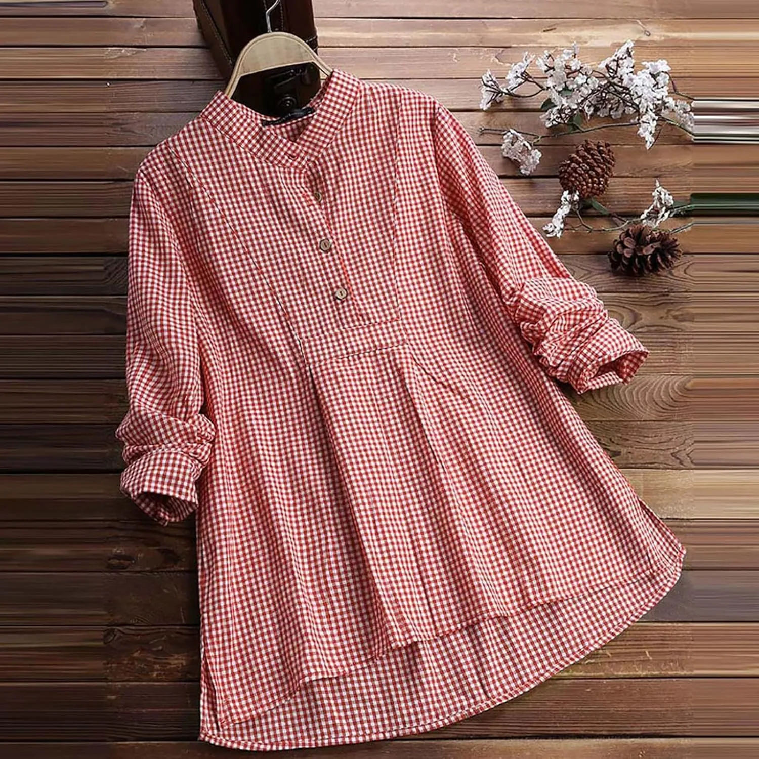 Miyaomn Womens Casual Plaid Henley Shirts Loose V Neck Button Up Hi-Low Pleated Tunic Tops Roll-Up Sleeve Flowy Spring Blouse