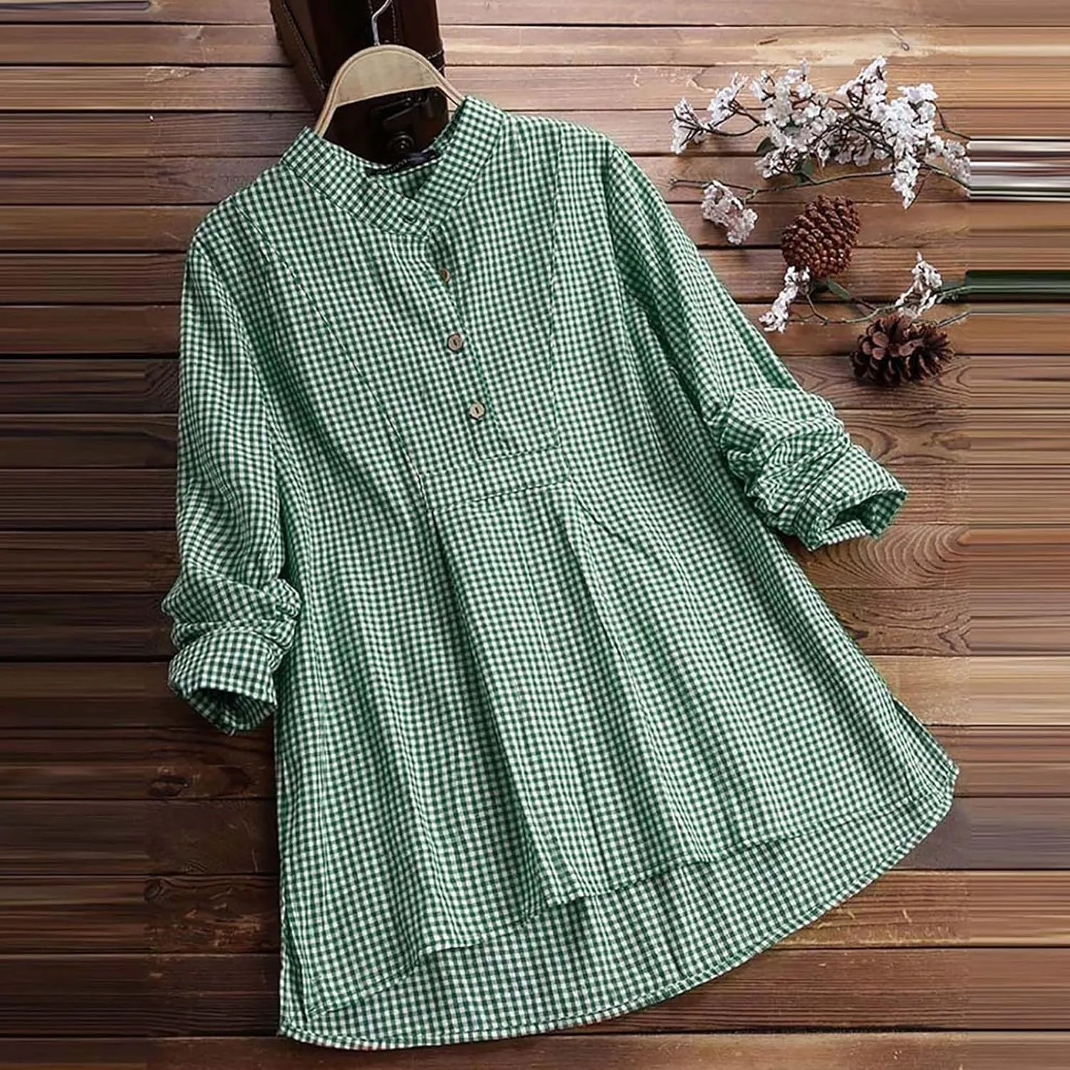 Miyaomn Womens Casual Plaid Henley Shirts Loose V Neck Button Up Hi-Low Pleated Tunic Tops Roll-Up Sleeve Flowy Spring Blouse