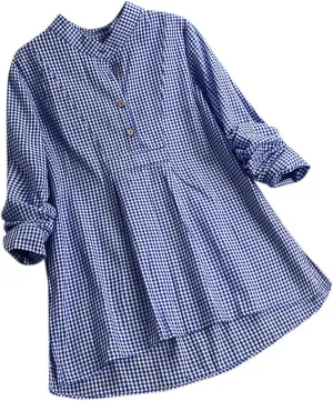 Miyaomn Womens Casual Plaid Henley Shirts Loose V Neck Button Up Hi-Low Pleated Tunic Tops Roll-Up Sleeve Flowy Spring Blouse