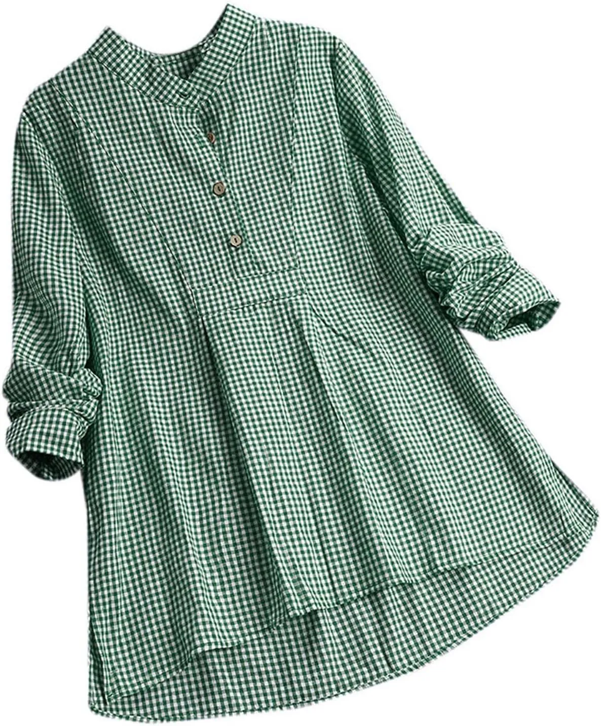 Miyaomn Womens Casual Plaid Henley Shirts Loose V Neck Button Up Hi-Low Pleated Tunic Tops Roll-Up Sleeve Flowy Spring Blouse