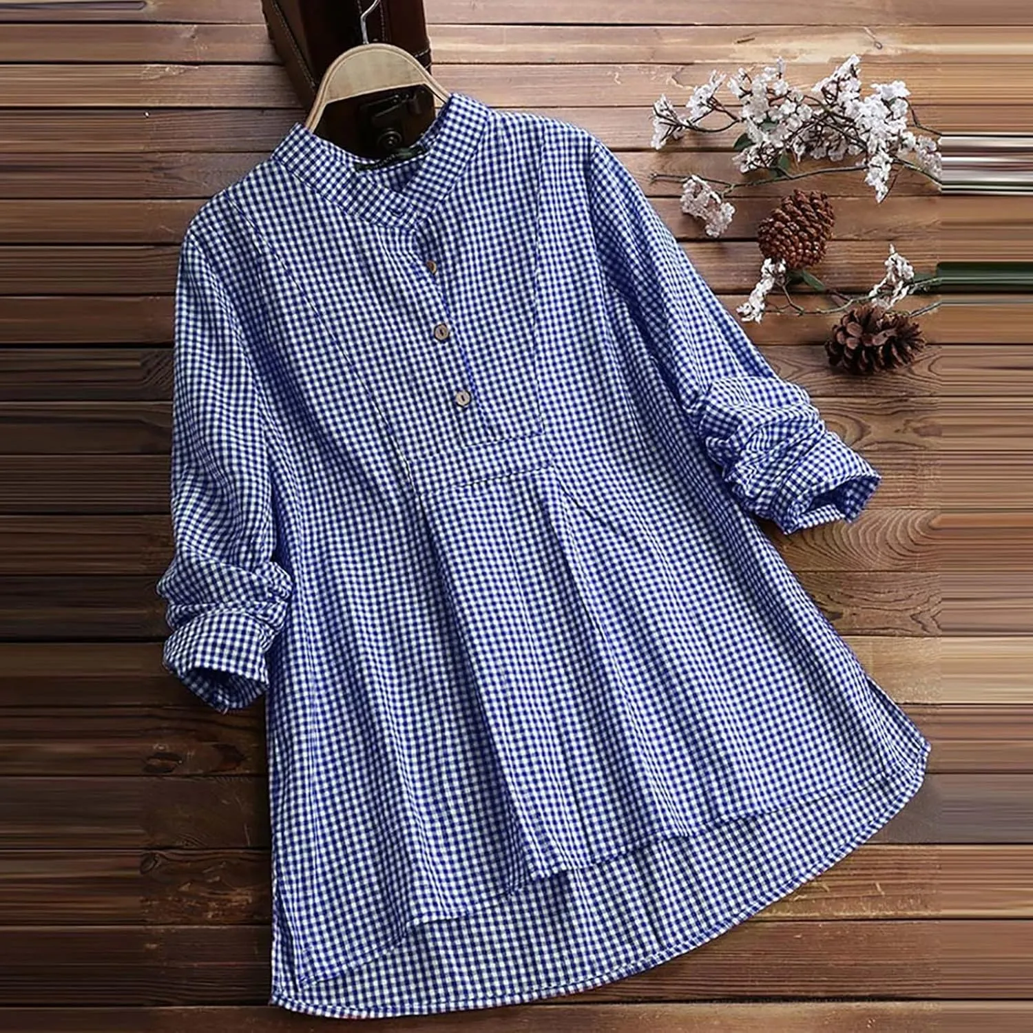 Miyaomn Womens Casual Plaid Henley Shirts Loose V Neck Button Up Hi-Low Pleated Tunic Tops Roll-Up Sleeve Flowy Spring Blouse