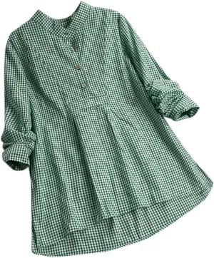 Miyaomn Womens Casual Plaid Henley Shirts Loose V Neck Button Up Hi-Low Pleated Tunic Tops Roll-Up Sleeve Flowy Spring Blouse