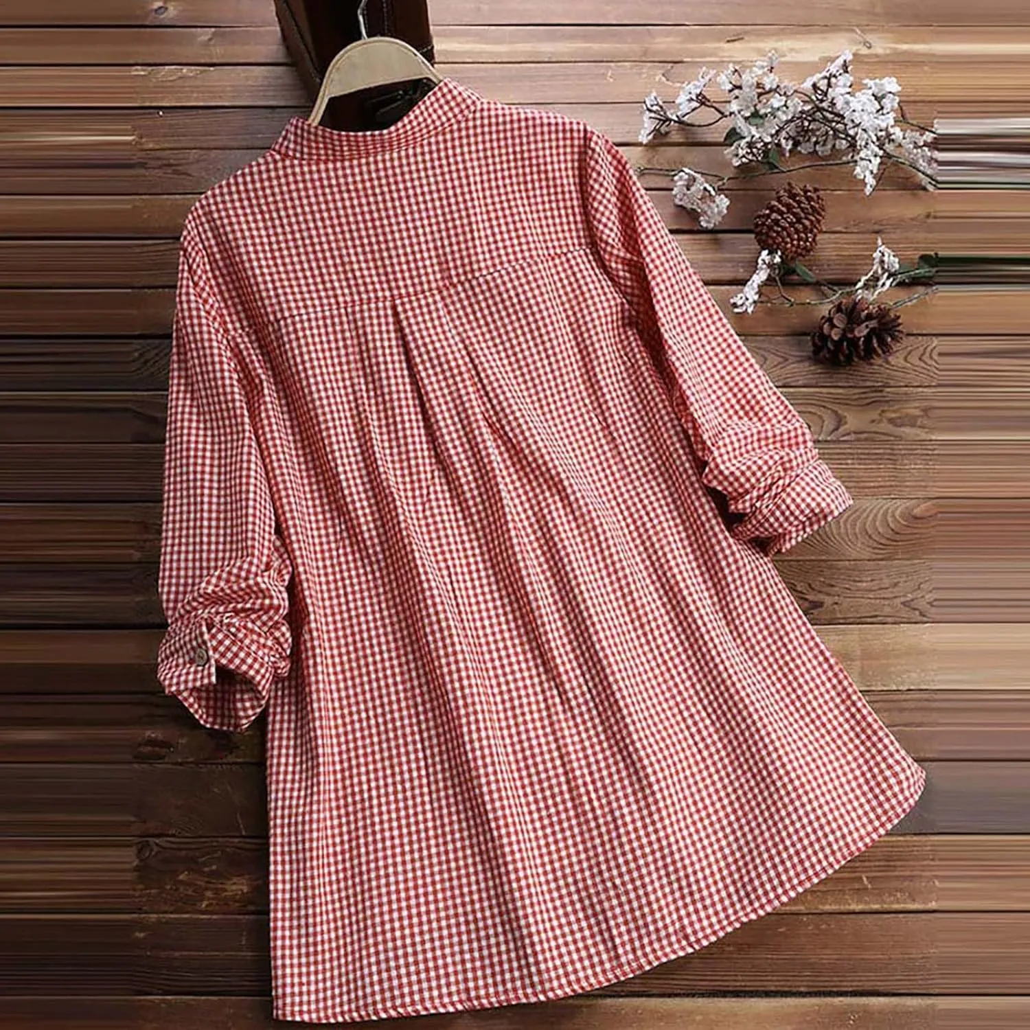 Miyaomn Womens Casual Plaid Henley Shirts Loose V Neck Button Up Hi-Low Pleated Tunic Tops Roll-Up Sleeve Flowy Spring Blouse