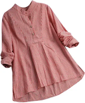 Miyaomn Womens Casual Plaid Henley Shirts Loose V Neck Button Up Hi-Low Pleated Tunic Tops Roll-Up Sleeve Flowy Spring Blouse