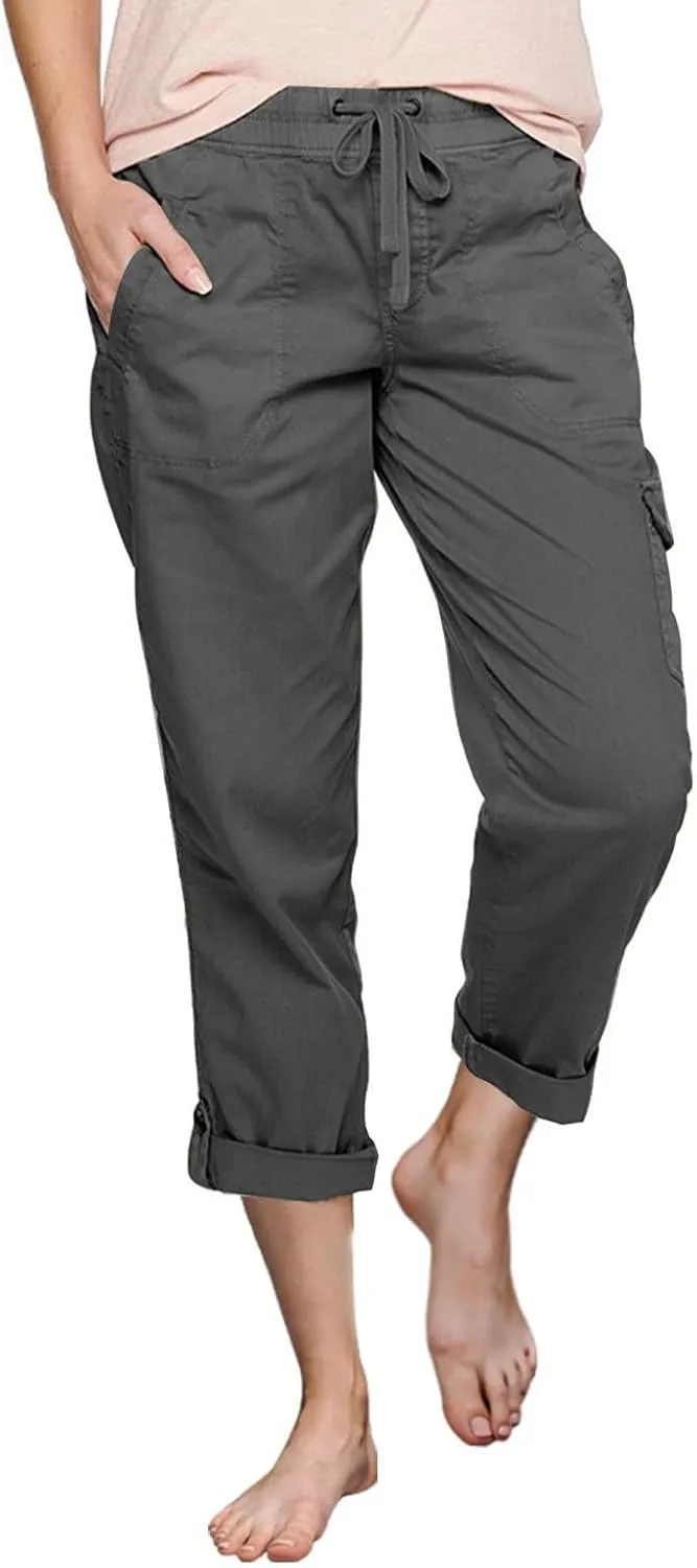 Miyaomn Women's Casual Solid Loose Cargo Pants Lightweight Drawstring Waisted Roll-Up Joggers Slacks Pockets Lounge Trousers