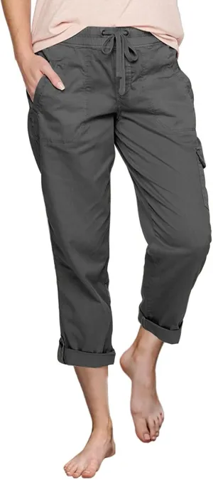 Miyaomn Women's Casual Solid Loose Cargo Pants Lightweight Drawstring Waisted Roll-Up Joggers Slacks Pockets Lounge Trousers