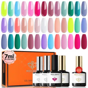 modelones 24Pcs Gel Nail Polish Set, 20 Colors Summer Neon Gel Polish Set Rainbow Colors with Glitter & Glossy & Matte Top   Base Coat Soak Off LED Nail Art Kit Salon at Home