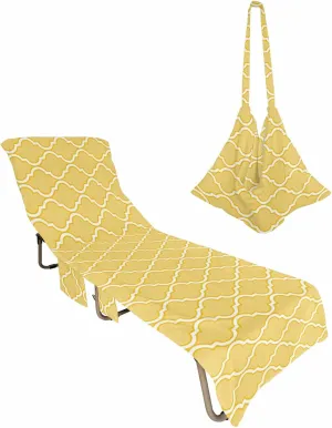 Moroccan Simple Pattern Chaise Lounger Cover with Pockets, Pool Lounge Chair Covers 85"x29", Geometric Yellow White Microfiber Beach Chair Cover for Outdoor Patio Sunbathing