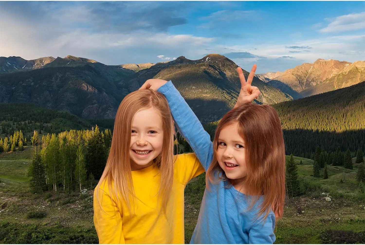 Mountain Forests Backdrop Snow-Capped Green Meadows and Trees Photography Background Sunset Alpine Scene Mountains View Natural Landscape Background Outdoor Birthday Portrait Backdrop Props 7x5ft