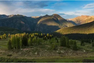 Mountain Forests Backdrop Snow-Capped Green Meadows and Trees Photography Background Sunset Alpine Scene Mountains View Natural Landscape Background Outdoor Birthday Portrait Backdrop Props 7x5ft