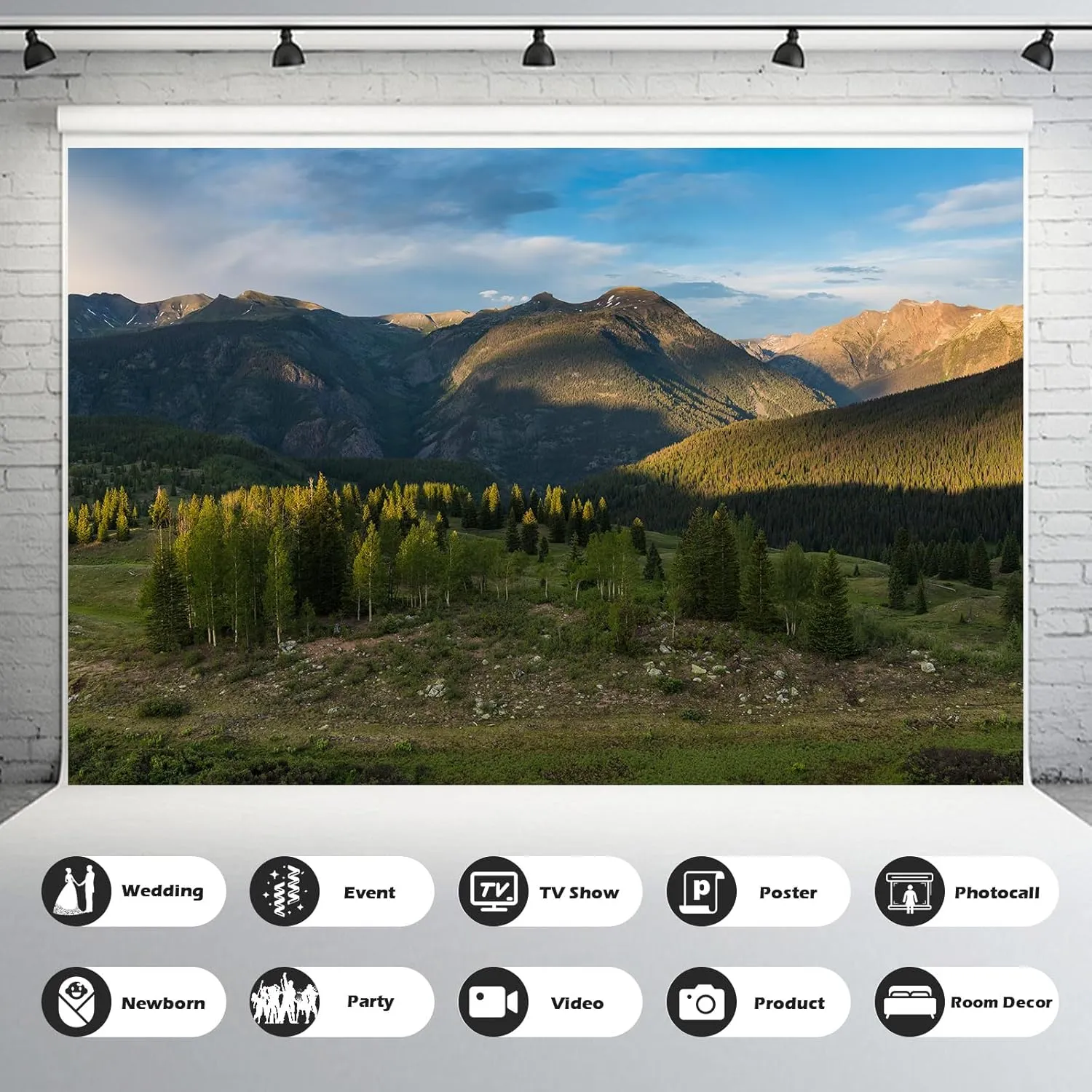 Mountain Forests Backdrop Snow-Capped Green Meadows and Trees Photography Background Sunset Alpine Scene Mountains View Natural Landscape Background Outdoor Birthday Portrait Backdrop Props 7x5ft