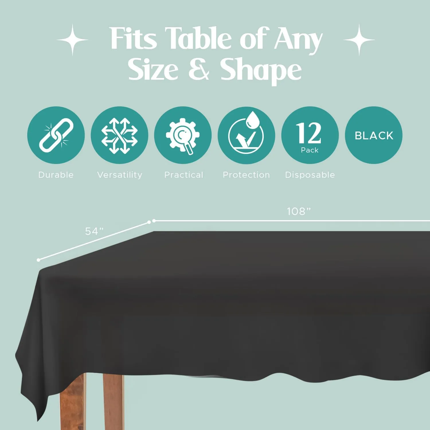 Mountclear Disposable Plastic Tablecloths for Parties [Pack of 12] 54x108” Rectangle Table Cover for Indoor & Outdoor Tables- Waterproof Tablecloth for Birthdays, Weddings, Parties [Black]