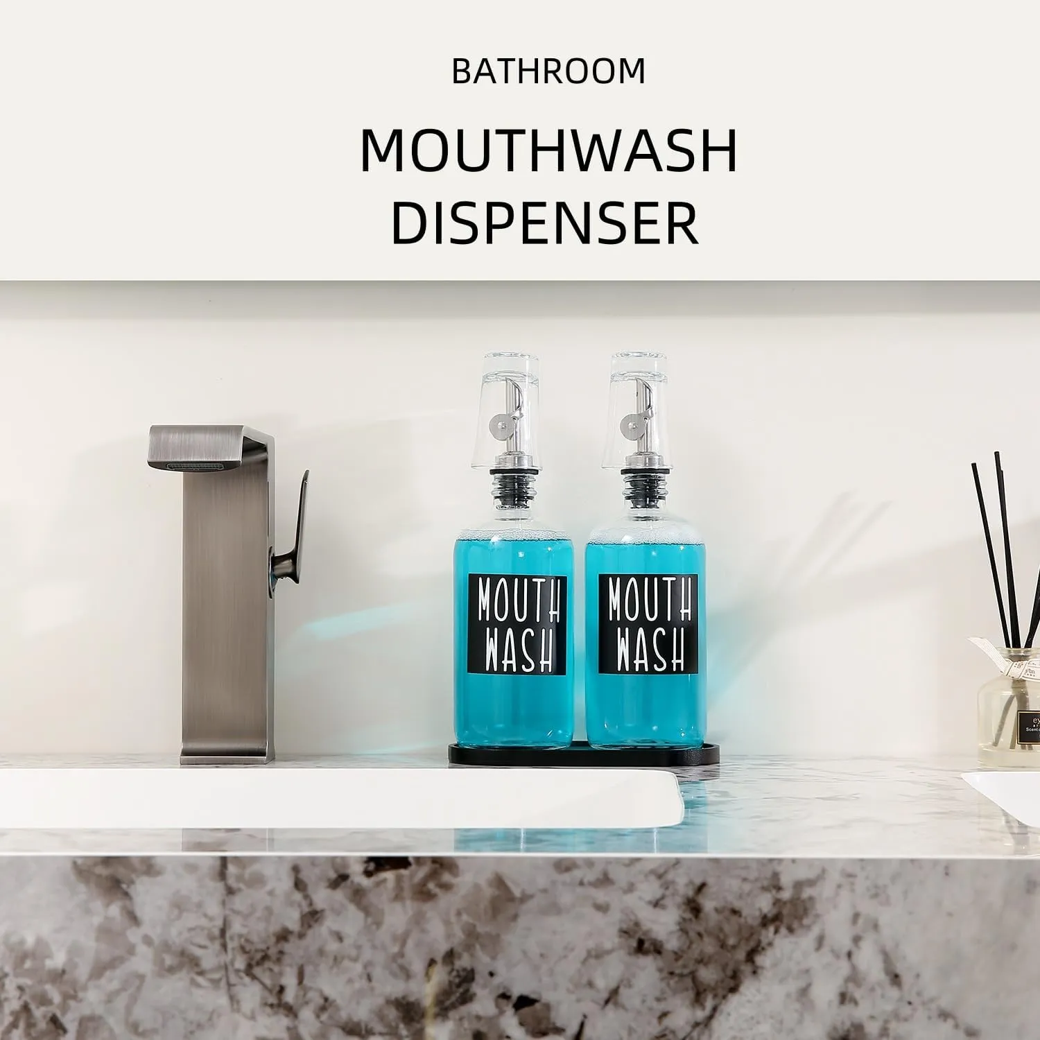 Mouthwash Dispenser for Bathroom - Black Bamboo Tray, 2 16.9 OZ Glass Bottles With 304 Stainless Steel Nozzles, 2 Glass Cups - Perfect Black Bathroom Decor