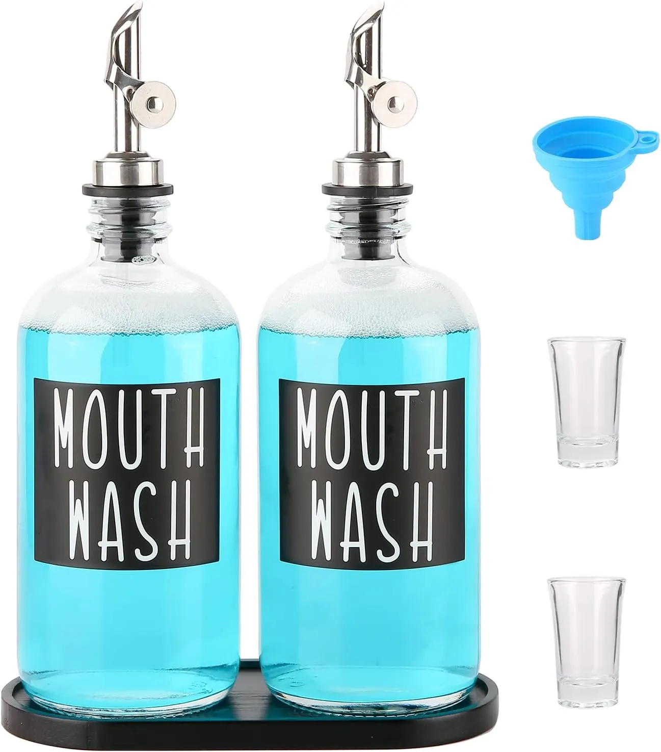 Mouthwash Dispenser for Bathroom - Black Bamboo Tray, 2 16.9 OZ Glass Bottles With 304 Stainless Steel Nozzles, 2 Glass Cups - Perfect Black Bathroom Decor