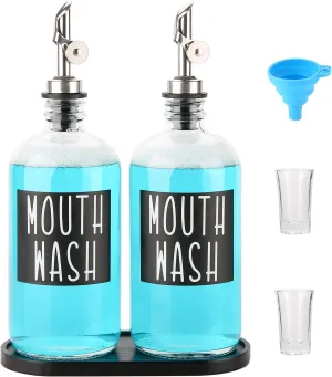 Mouthwash Dispenser for Bathroom - Black Bamboo Tray, 2 16.9 OZ Glass Bottles With 304 Stainless Steel Nozzles, 2 Glass Cups - Perfect Black Bathroom Decor