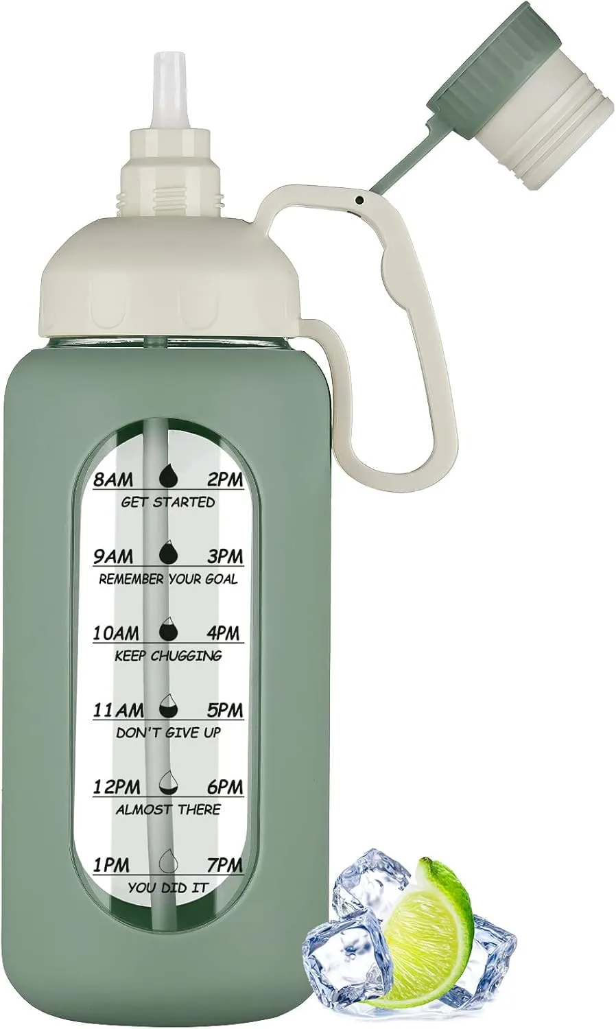 MUKOKO 64oz Glass Water Bottles with Straw, Half Gallon Water Jug with Time Marker, Sports Large Motivational Bottle with Silicone Sleeve, Olive