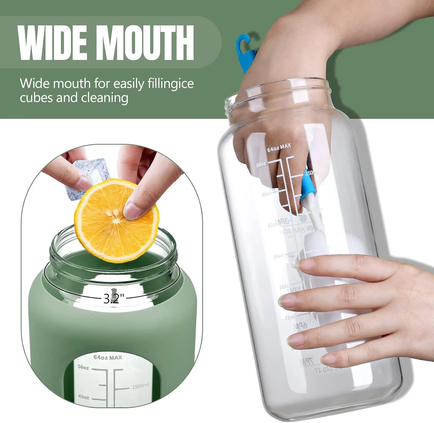 MUKOKO 64oz Glass Water Bottles with Straw, Half Gallon Water Jug with Time Marker, Sports Large Motivational Bottle with Silicone Sleeve, Olive