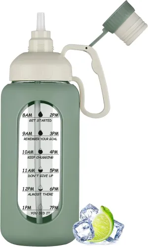 MUKOKO 64oz Glass Water Bottles with Straw, Half Gallon Water Jug with Time Marker, Sports Large Motivational Bottle with Silicone Sleeve, Olive