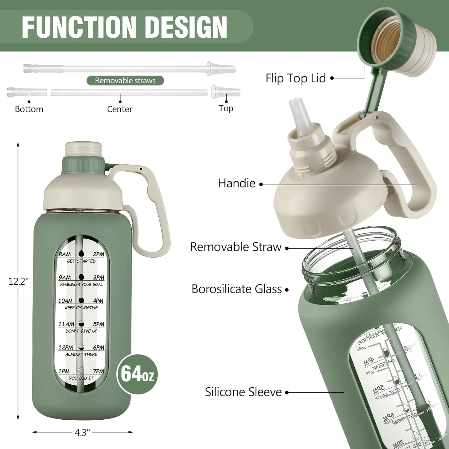 MUKOKO 64oz Glass Water Bottles with Straw, Half Gallon Water Jug with Time Marker, Sports Large Motivational Bottle with Silicone Sleeve, Olive