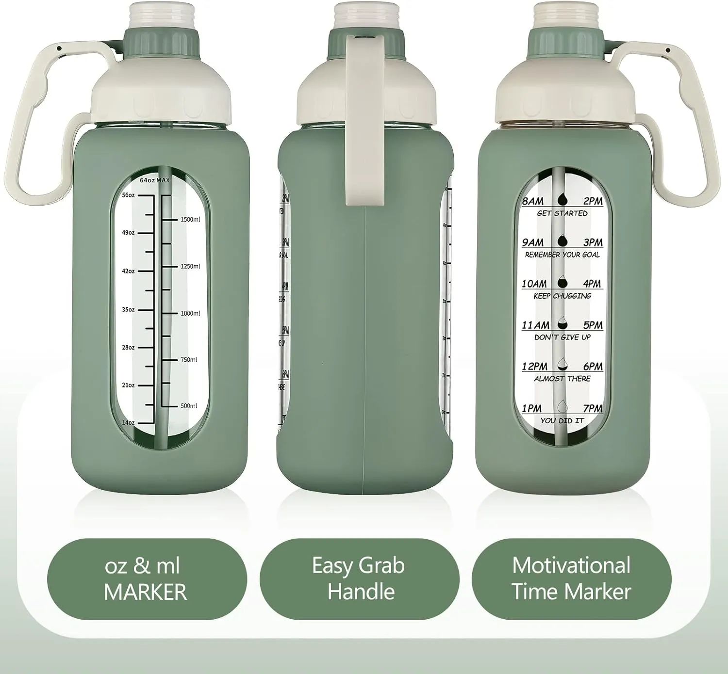 MUKOKO 64oz Glass Water Bottles with Straw, Half Gallon Water Jug with Time Marker, Sports Large Motivational Bottle with Silicone Sleeve, Olive