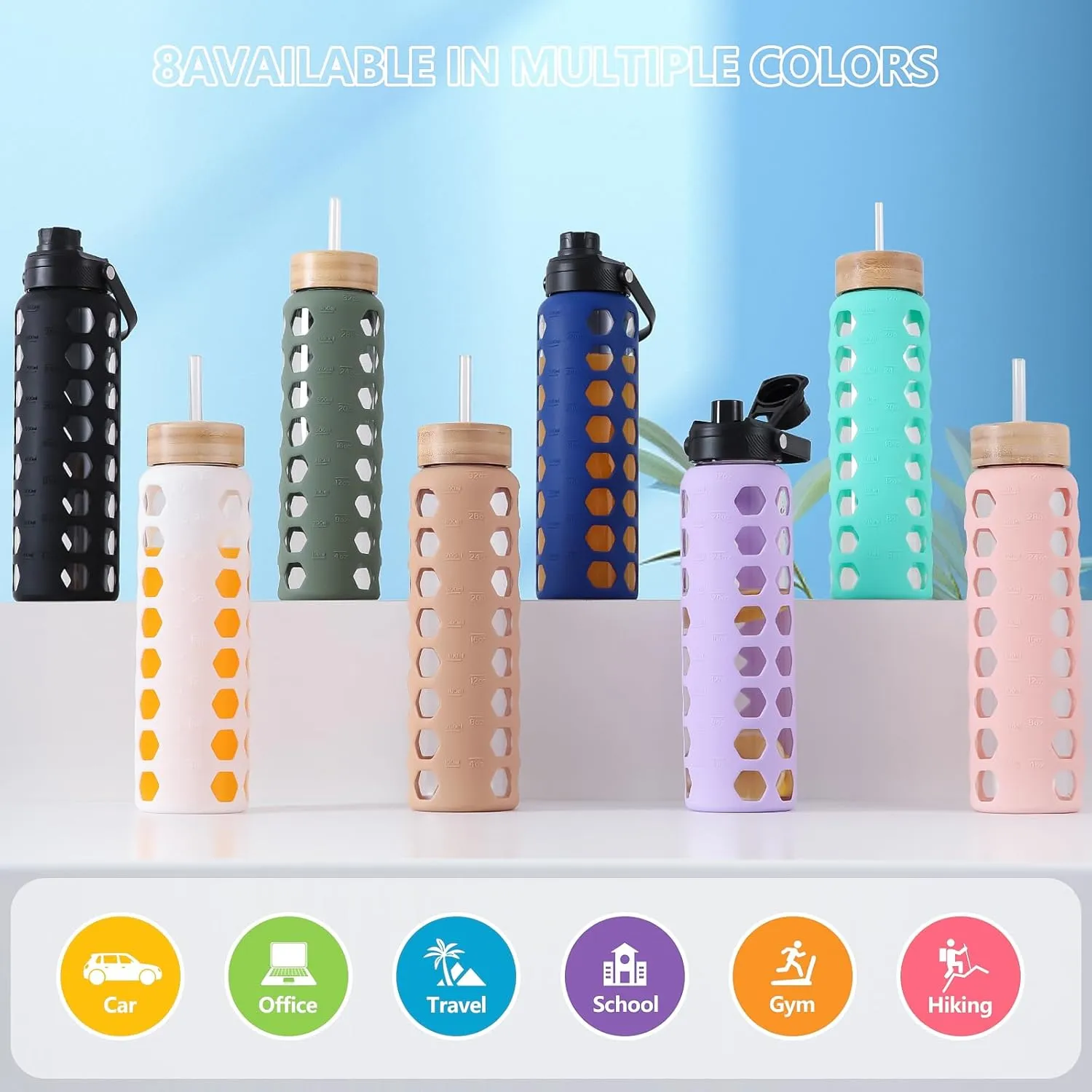 MUKOKO Glass Water Bottles, 32oz Glass Tumbler with Straw, Drinking Bottles with 2 Lids-Handle Spout Lid&Bamboo Straw Lid, Motivational Water Bottle with Time Marker and Silicone Sleeve, 1 Pack-White