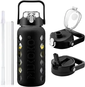 MUKOKO Glass Water Bottles 64oz with 2 Lids, Half Gallon Bottle with Straws and Measurements, 2L Sports Glass Jug with Silicone Sleeve, Leakproof, Black