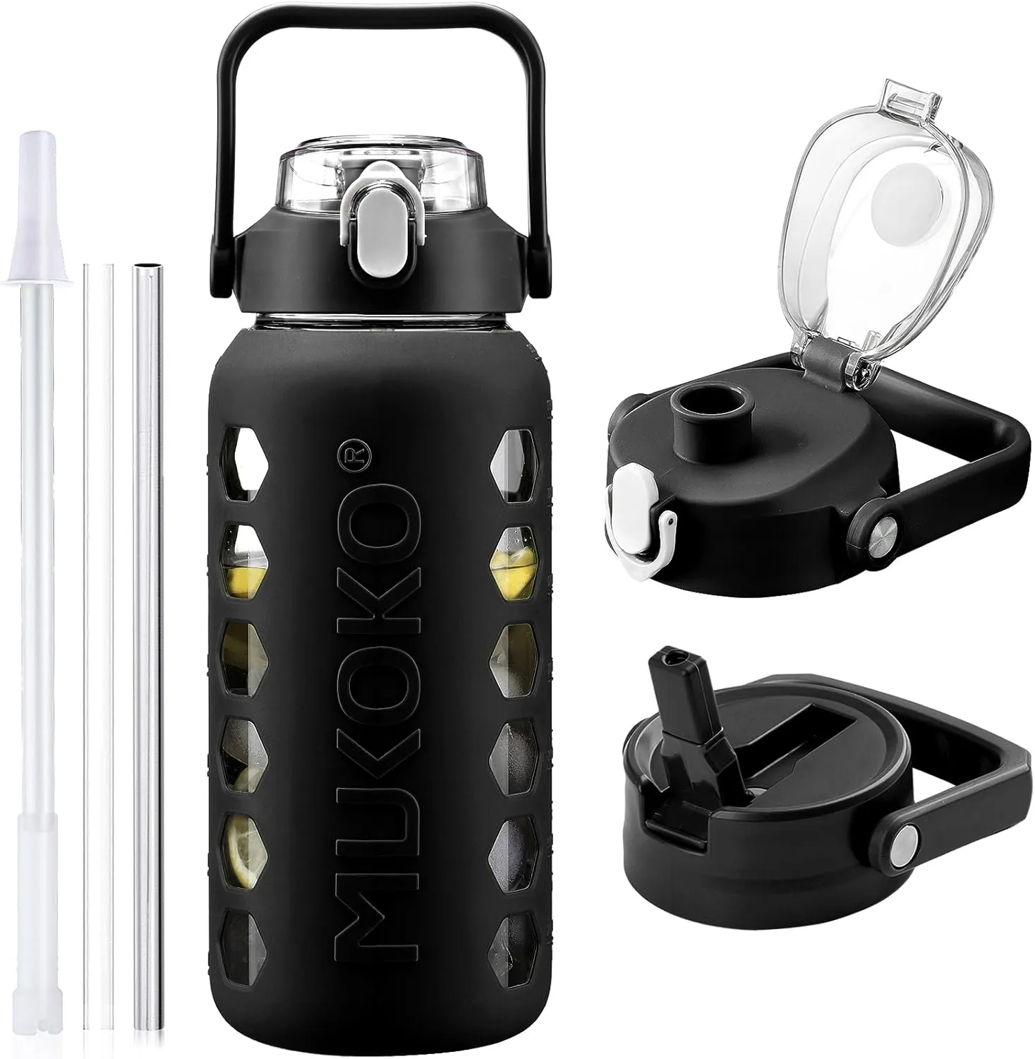 MUKOKO Glass Water Bottles 64oz with 2 Lids, Half Gallon Bottle with Straws and Measurements, 2L Sports Glass Jug with Silicone Sleeve, Leakproof, Black