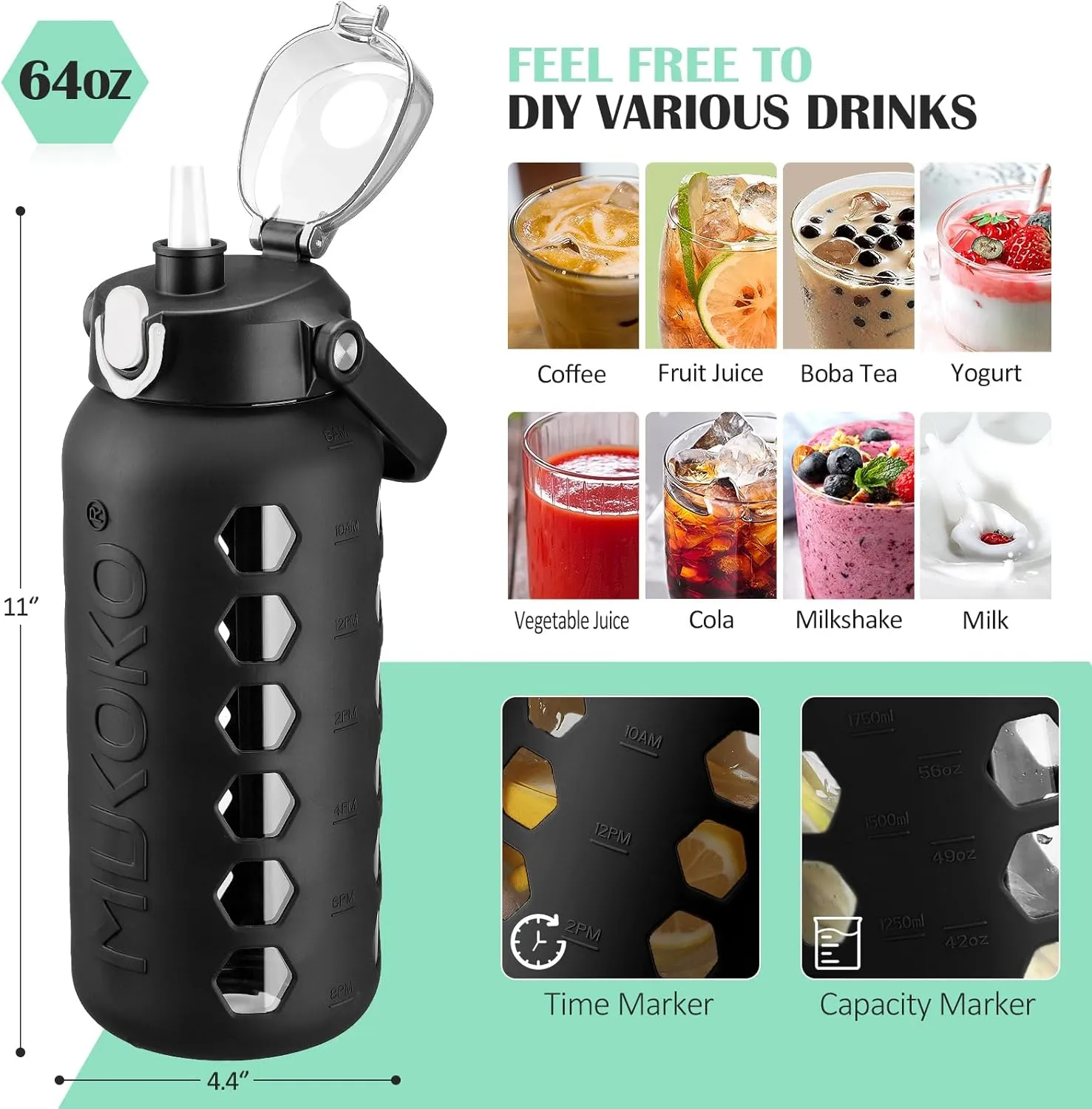 MUKOKO Glass Water Bottles 64oz with 2 Lids, Half Gallon Bottle with Straws and Measurements, 2L Sports Glass Jug with Silicone Sleeve, Leakproof, Black