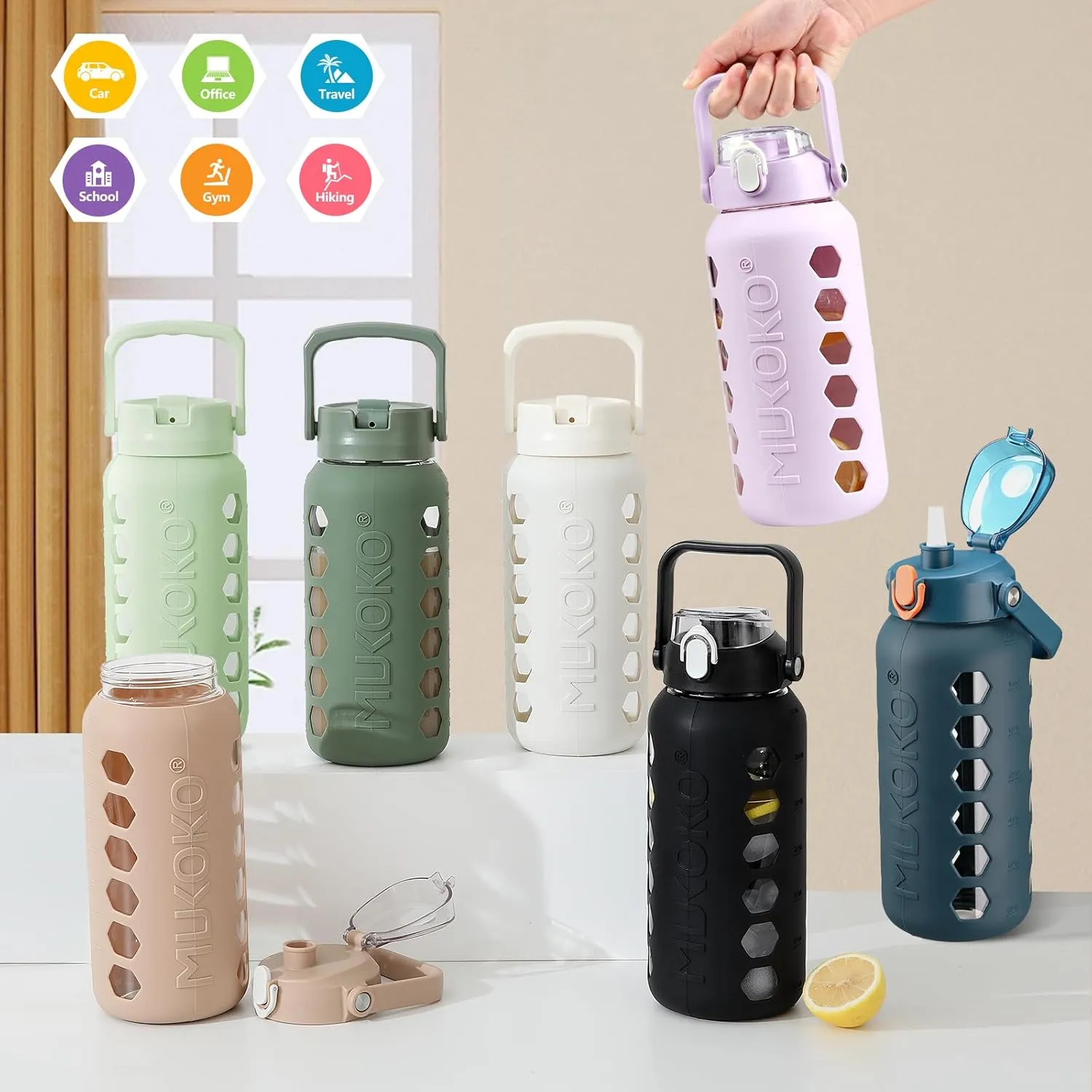 MUKOKO Glass Water Bottles 64oz with 2 Lids, Half Gallon Bottle with Straws and Measurements, 2L Sports Glass Jug with Silicone Sleeve, Leakproof, Black