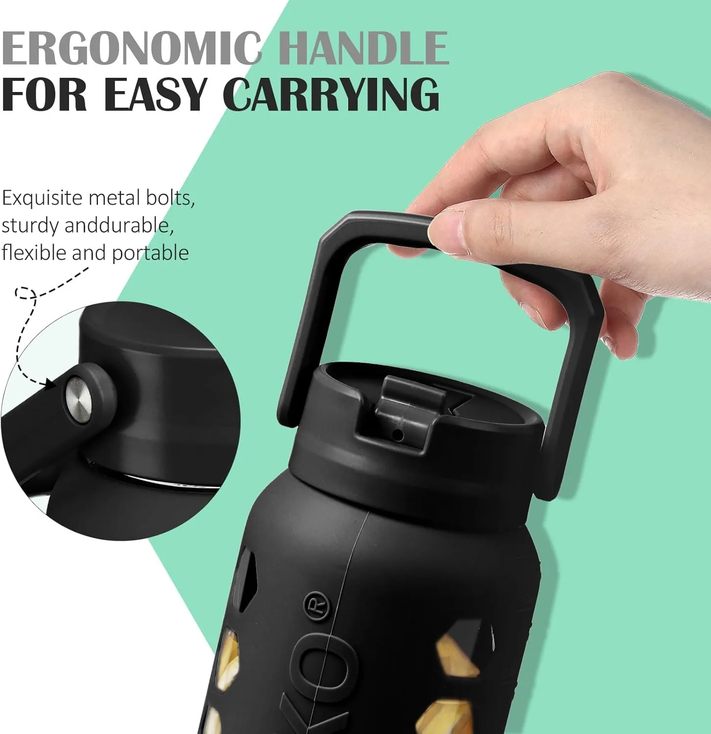 MUKOKO Glass Water Bottles 64oz with 2 Lids, Half Gallon Bottle with Straws and Measurements, 2L Sports Glass Jug with Silicone Sleeve, Leakproof, Black