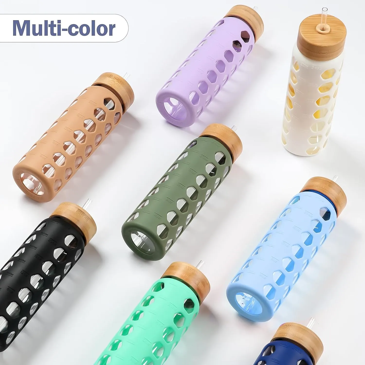 MUKOKO Glass Water Bottles,24oz Glass Tumbler with Straw,Drinking Bottles with 2 Lids-Handle Spout Lid&Bamboo Straw Lid,Motivational Water Bottle with Time Marker and Silicone Sleeve,1 Pack-Glacier