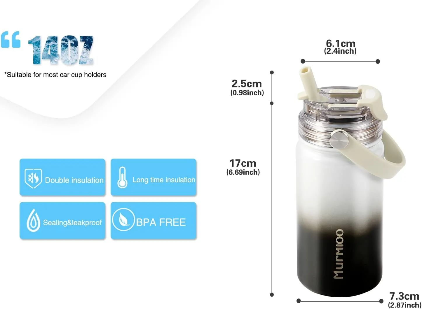 Murmioo Insulated Sports Water Bottle,2-in-1 Straw Lid(Straw & directly drinking Lids),Leak Proof, Double Walled vacuum,BPA Free,Keeps Hot and Cold - Travel Sports Canteen(Black white gradient/14oz)