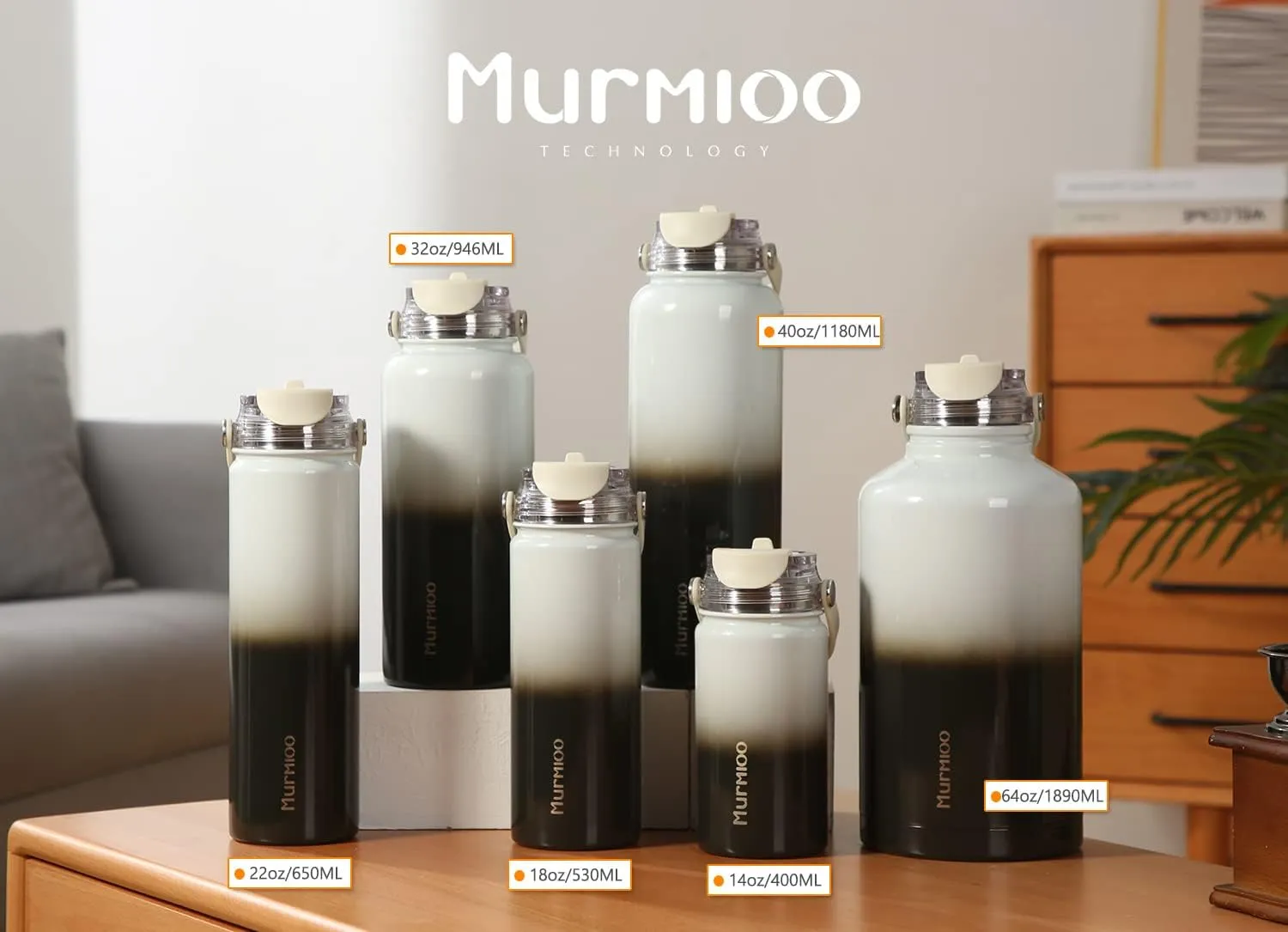 Murmioo Insulated Sports Water Bottle,2-in-1 Straw Lid(Straw & directly drinking Lids),Leak Proof, Double Walled vacuum,BPA Free,Keeps Hot and Cold - Travel Sports Canteen(Black white gradient/14oz)