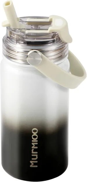 Murmioo Insulated Sports Water Bottle,2-in-1 Straw Lid(Straw & directly drinking Lids),Leak Proof, Double Walled vacuum,BPA Free,Keeps Hot and Cold - Travel Sports Canteen(Black white gradient/14oz)