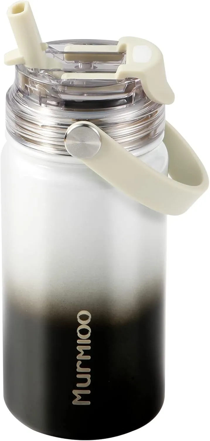 Murmioo Insulated Sports Water Bottle,2-in-1 Straw Lid(Straw & directly drinking Lids),Leak Proof, Double Walled vacuum,BPA Free,Keeps Hot and Cold - Travel Sports Canteen(Black white gradient/14oz)