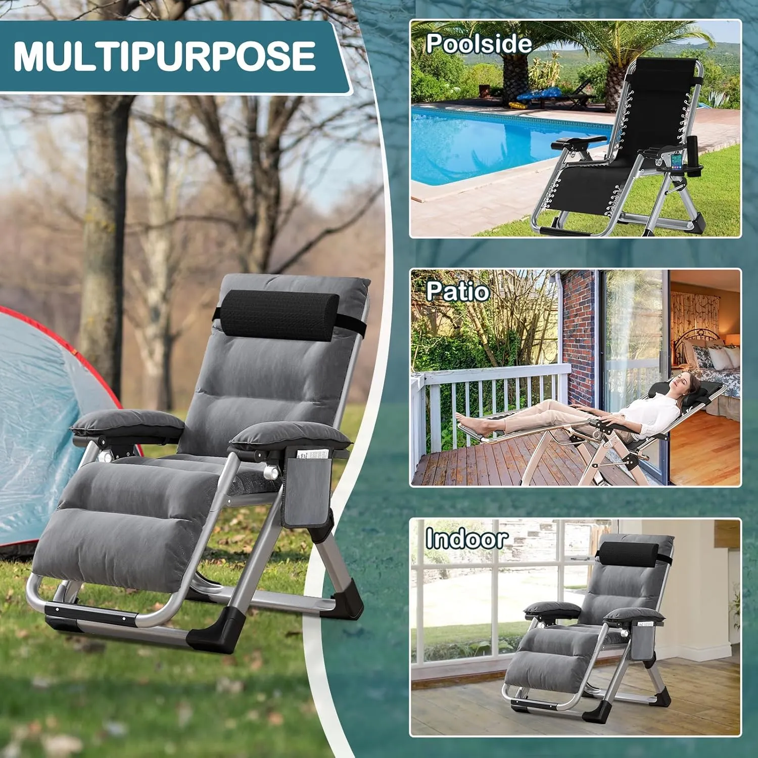 NAIZEA Lounge Chair Ice Touch Silk Zero Gravity Chair, Folding Adjustable Ice Touch Silk Reclining Patio Chairs with Cup Holder, Ergonomic Patio Recliner Chairs for Indoor and Outdoor