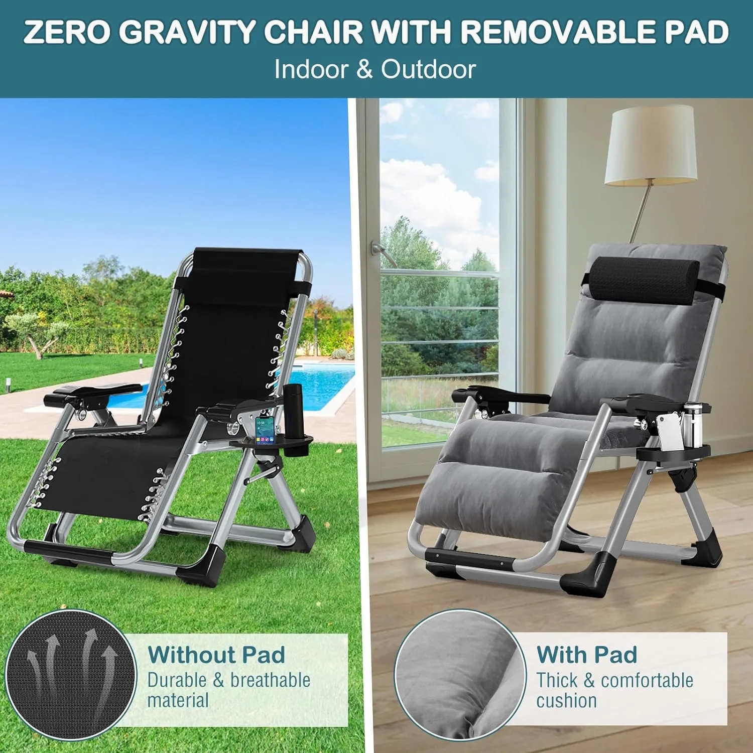 NAIZEA Lounge Chair Ice Touch Silk Zero Gravity Chair, Folding Adjustable Ice Touch Silk Reclining Patio Chairs with Cup Holder, Ergonomic Patio Recliner Chairs for Indoor and Outdoor