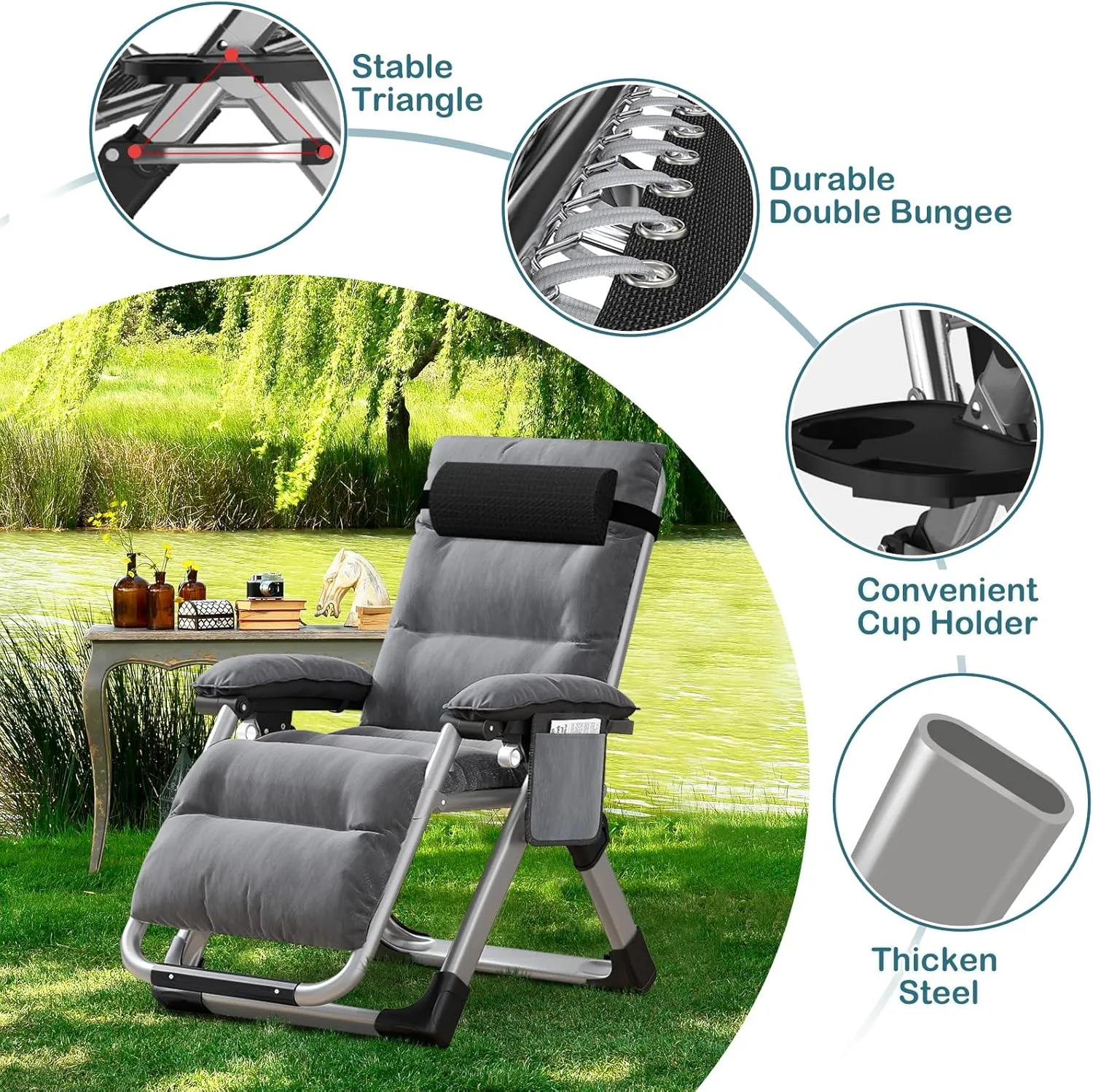 NAIZEA Lounge Chair Ice Touch Silk Zero Gravity Chair, Folding Adjustable Ice Touch Silk Reclining Patio Chairs with Cup Holder, Ergonomic Patio Recliner Chairs for Indoor and Outdoor