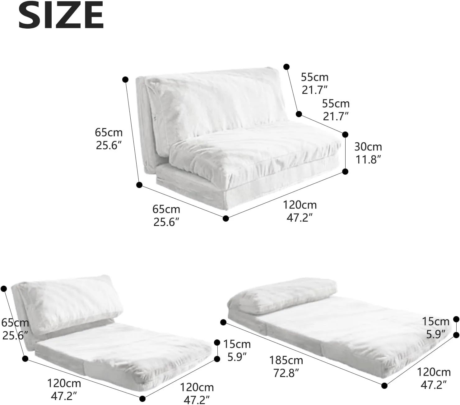 N&V Folding Matress Sofa Bean Bag Bed, Foam Filling Folding Matress Sofa, Includes Removable and Machine Washable Cover, Soft Premium Faux Fur (Medium, White)