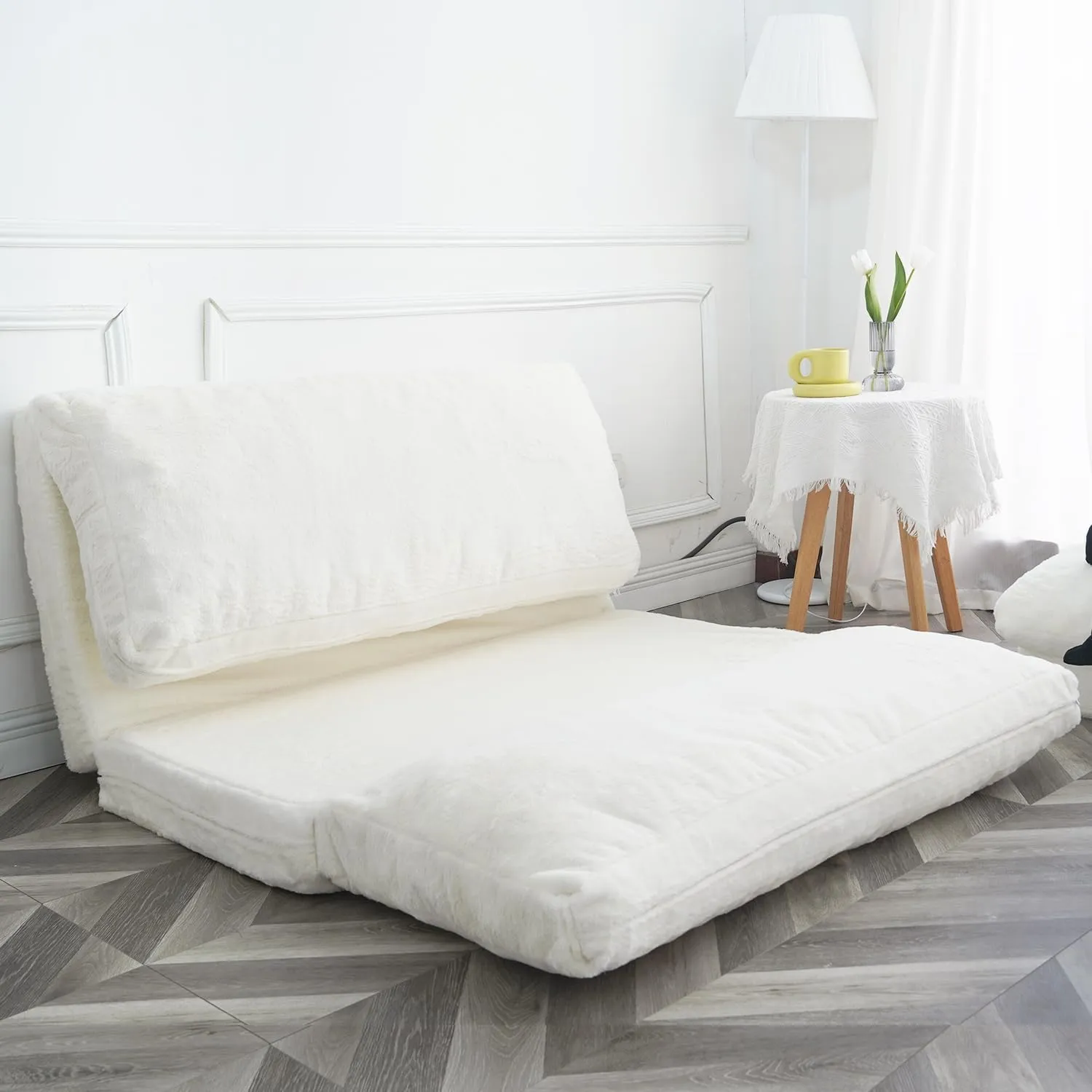 N&V Folding Matress Sofa Bean Bag Bed, Foam Filling Folding Matress Sofa, Includes Removable and Machine Washable Cover, Soft Premium Faux Fur (Medium, White)