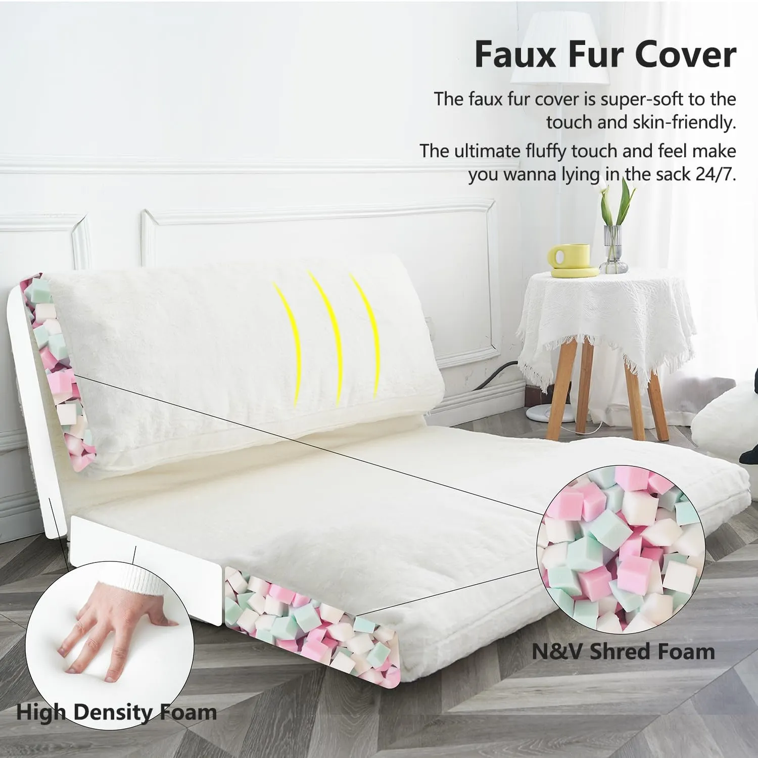 N&V Folding Matress Sofa Bean Bag Bed, Foam Filling Folding Matress Sofa, Includes Removable and Machine Washable Cover, Soft Premium Faux Fur (Medium, White)