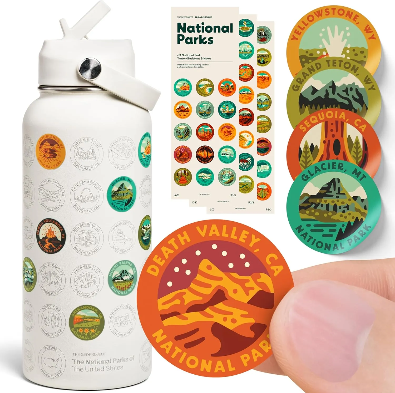 National Parks Water Bottle with Stickers Kit, Erikas Chesonis Collaboration, Adventure Flask with Straw, Waterproof Stickers for Water Bottle, Insulated Stainless Steel 32oz (Tan)